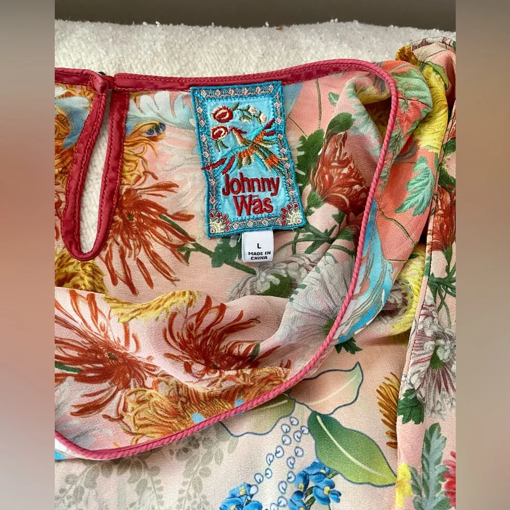 Johnny Was Coral Floral Silk Tunic with Teal & Cream Accents - Picture 12 of 16